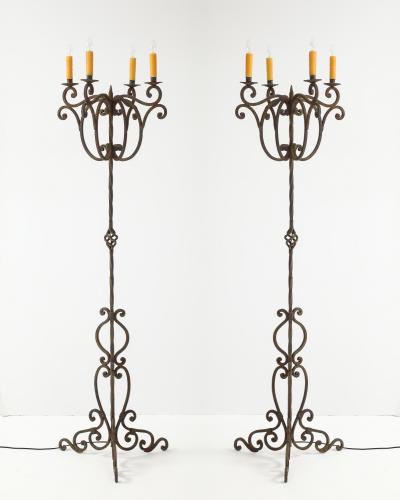 Pair of Spanish Revival Iron Twisted Floor Torchieres 