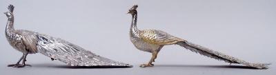 Pair of Spanish Sterling Silver Strutting Peacocks with Showy Plumage