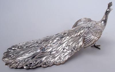 Pair of Spanish Sterling Silver Strutting Peacocks with Showy Plumage