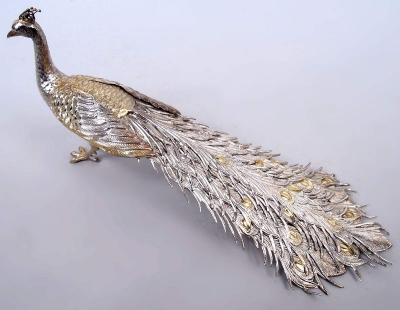 Pair of Spanish Sterling Silver Strutting Peacocks with Showy Plumage