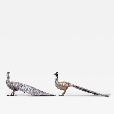 Pair of Spanish Sterling Silver Strutting Peacocks with Showy Plumage