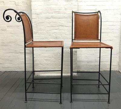 Pair of Spanish Wrought Iron and Leather Barstools