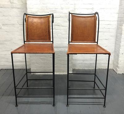 Pair of Spanish Wrought Iron and Leather Barstools