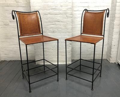 Pair of Spanish Wrought Iron and Leather Barstools