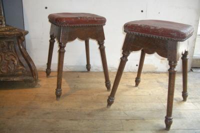 Pair of Spanish square upholstered Baroque oak stools