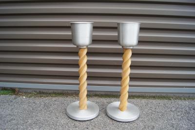 Pair of Spun Aluminum and Oak Ashtray Stands Attributed to Russel Wright