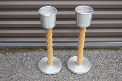 Pair of Spun Aluminum and Oak Ashtray Stands Attributed to Russel Wright