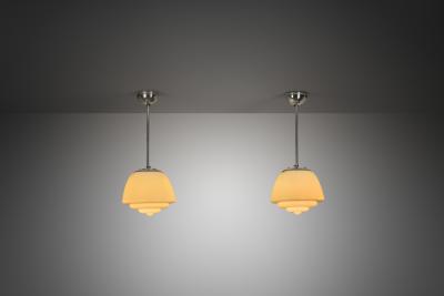 Pair of Stepped Opal Glass Pendant Lamps with Metal Frame Europe 1940s