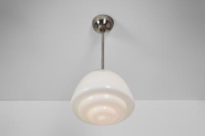 Pair of Stepped Opal Glass Pendant Lamps with Metal Frame Europe 1940s