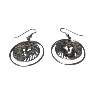 Pair of Sterling Silver Swinging Lion Face Hoop Earrings