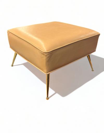 Pair of Stools in Camel Italian Leather With Solid Brass Legs With Ball Feet