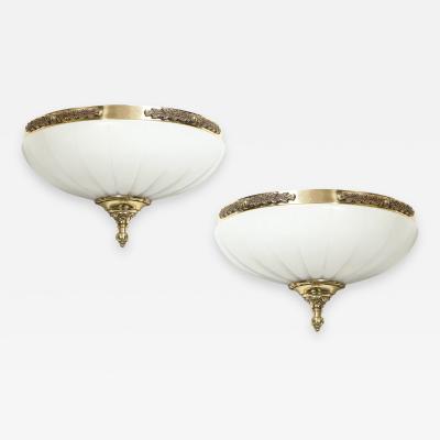 Pair of Striated Neoclassical Style Alabaster Brass Sconces w Foliate Details
