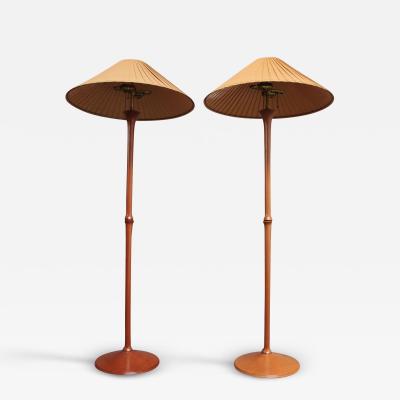 Pair of Studio Craft Sculptural Cherry Wood and Brass Floor Lamps with Shades