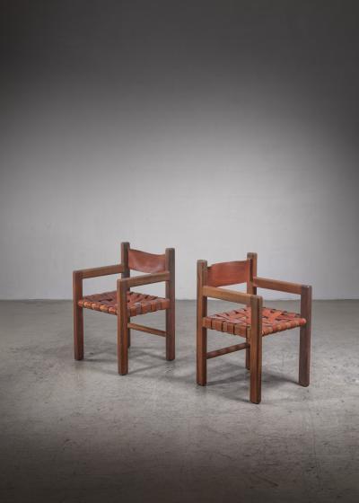 Pair of Studio Crafted Leather Webbed Chairs USA 1950s