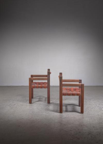 Pair of Studio Crafted Leather Webbed Chairs USA 1950s