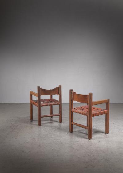 Pair of Studio Crafted Leather Webbed Chairs USA 1950s