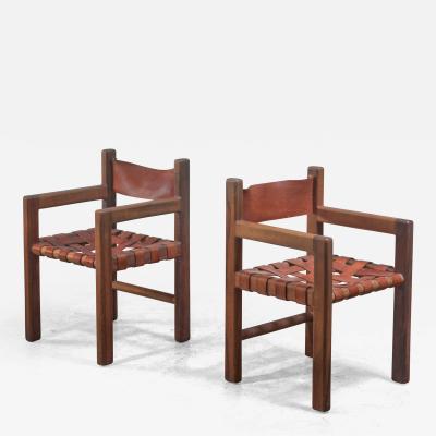 Pair of Studio Crafted Leather Webbed Chairs USA 1950s