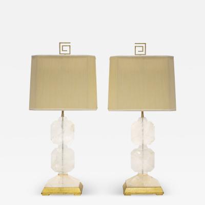 Pair of Stunning Faceted Rock Crystal Table Lamps with Gold Leaf Bases 1990s