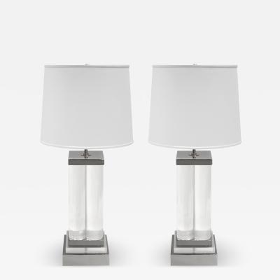 Pair of Stunning Lucite Column Table Lamps on Nickel Bases 1970s