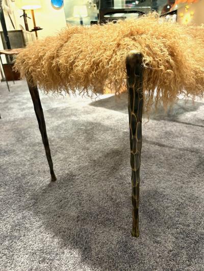 Pair of Suave Benches in Mongolian Fur and Hammered Bronze