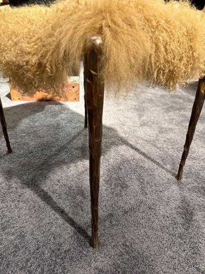 Pair of Suave Benches in Mongolian Fur and Hammered Bronze