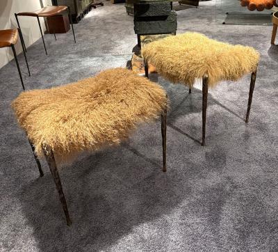 Pair of Suave Benches in Mongolian Fur and Hammered Bronze
