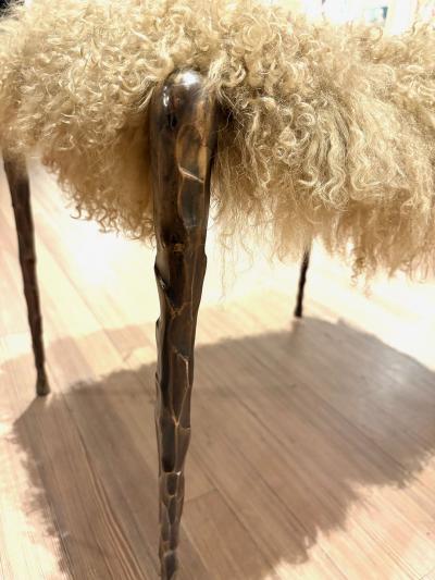 Pair of Suave Benches in Mongolian Fur and Hammered Bronze