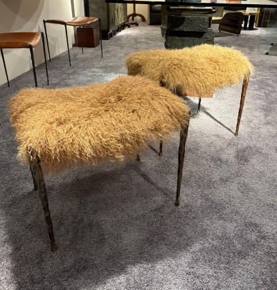 Pair of Suave Benches in Mongolian Fur and Hammered Bronze