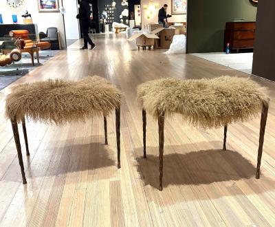 Pair of Suave Benches in Mongolian Fur and Hammered Bronze