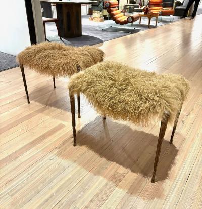 Pair of Suave Benches in Mongolian Fur and Hammered Bronze
