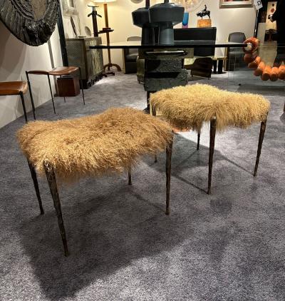 Pair of Suave Benches in Mongolian Fur and Hammered Bronze