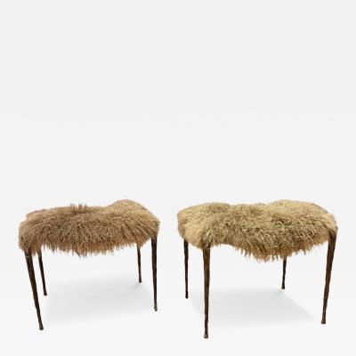 Pair of Suave Benches in Mongolian Fur and Hammered Bronze