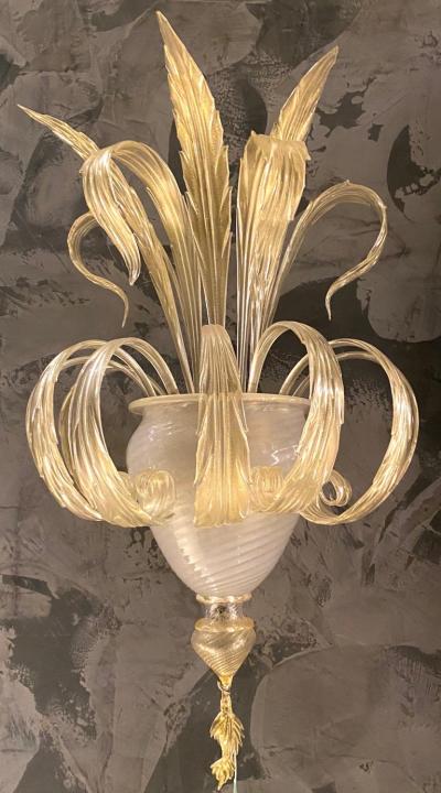 Pair of Sumptuous Gold Murano Glass Leave Wall Sconces