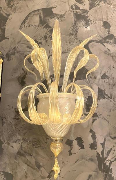 Pair of Sumptuous Gold Murano Glass Leave Wall Sconces
