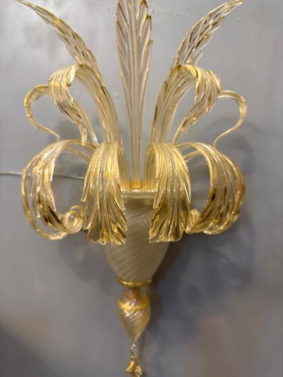 Pair of Sumptuous Gold Murano Glass Leave Wall Sconces