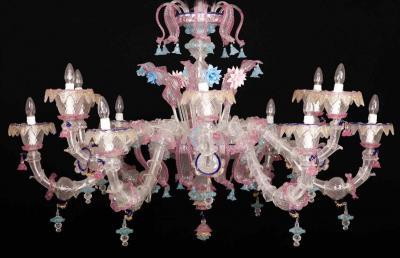 Pair of Sumptuous Pink and Heavenly Murano Glass Chandeliers 1990s