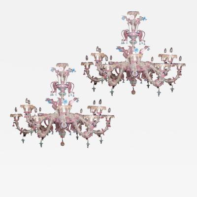 Pair of Sumptuous Pink and Heavenly Murano Glass Chandeliers 1990s