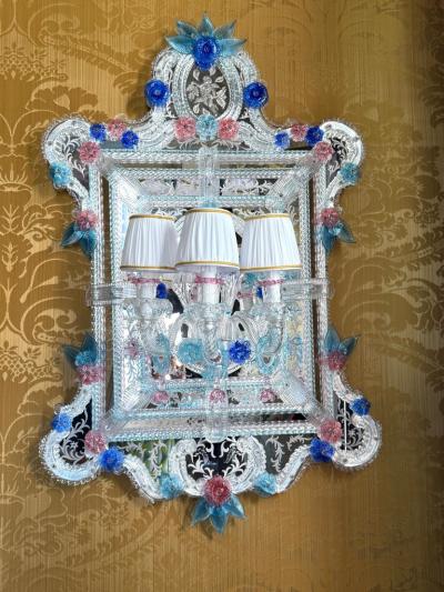 Pair of Superb Murano Glass Mirrors with Wall Lights By Veneziani Arte