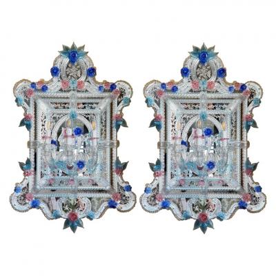 Pair of Superb Murano Glass Mirrors with Wall Lights By Veneziani Arte
