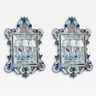 Pair of Superb Murano Glass Mirrors with Wall Lights By Veneziani Arte