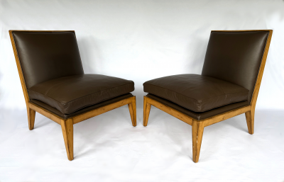 Pair of Swaim Modern Brown Leather Armless Oak Slipper Chairs