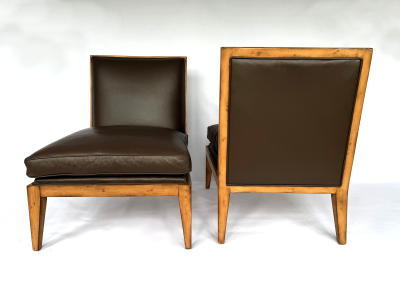 Pair of Swaim Modern Brown Leather Armless Oak Slipper Chairs