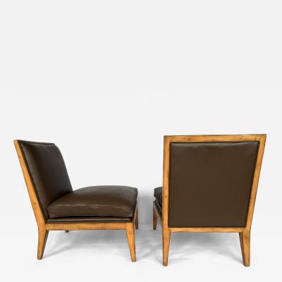 Pair of Swaim Modern Brown Leather Armless Oak Slipper Chairs