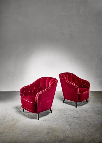 Pair of Swedish Burgundy red velvet easy chairs 1930s 40s