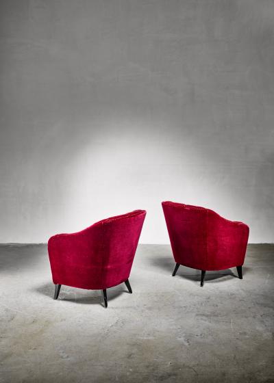 Pair of Swedish Burgundy red velvet easy chairs 1930s 40s
