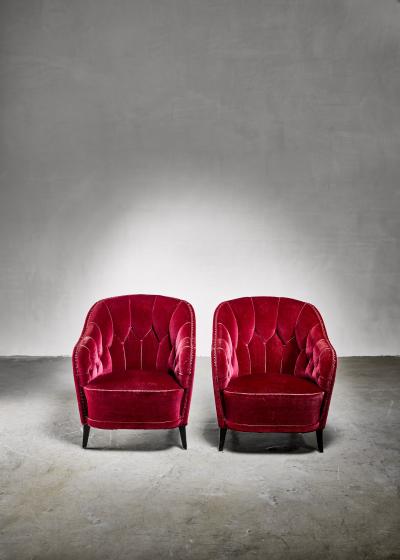 Pair of Swedish Burgundy red velvet easy chairs 1930s 40s