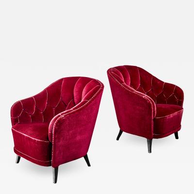 Pair of Swedish Burgundy red velvet easy chairs 1930s 40s