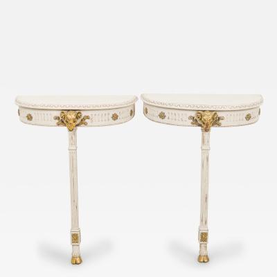 Pair of Swedish Cream Painted and Gilt Demilune Wall Mounted Console Tables