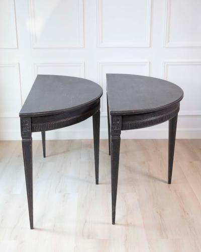 Pair of Swedish Early 19th Century Demi Lune Consoles in Black Paint