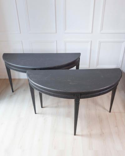 Pair of Swedish Early 19th Century Demi Lune Consoles in Black Paint